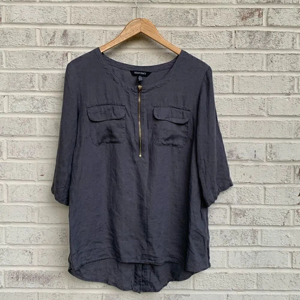 Ellen Tracy 100% linen grey gold zipper tunic blouse woman’s size medium